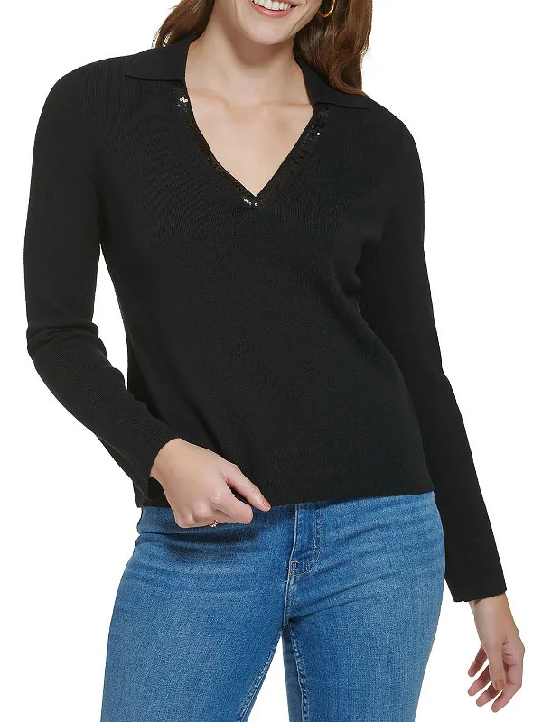 Pullover Sweater for Cold Days-Women's Formal Pullovers-Plus Womens Embellished V-Neck Pullover Sweater