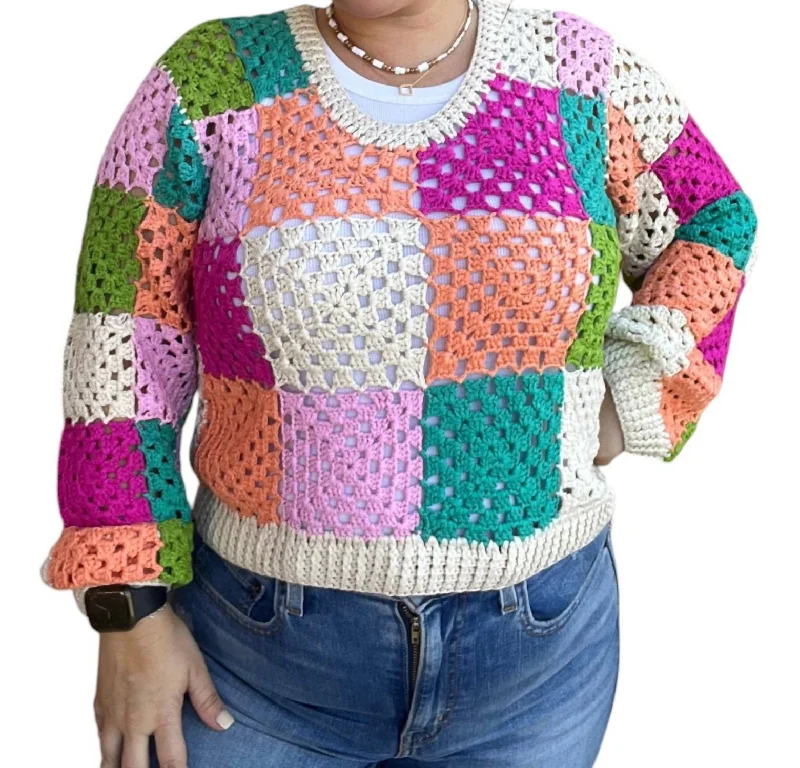 Pullover Sweater for Cool Evening Wear-Women's Button Pullovers-Long Sleeve Crochet Sweater In Multicolor