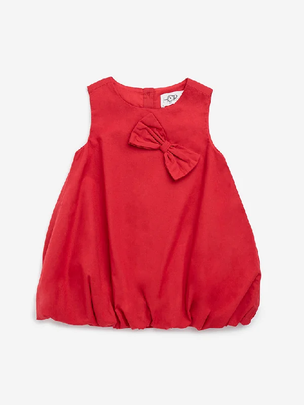 HOP Baby Red Bow-Detailed Balloon Cotton Dress