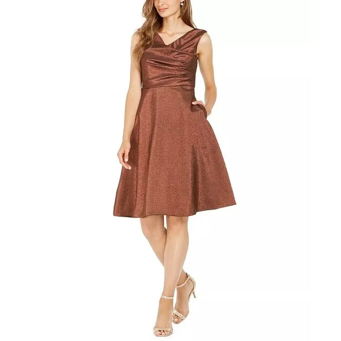 Casual Dresses with Patterns for a Fun Look-Women's Casual Party Solid Color Dresses-Adrianna Papell Women's Metallic Cowlneck Dress Brown Size 2