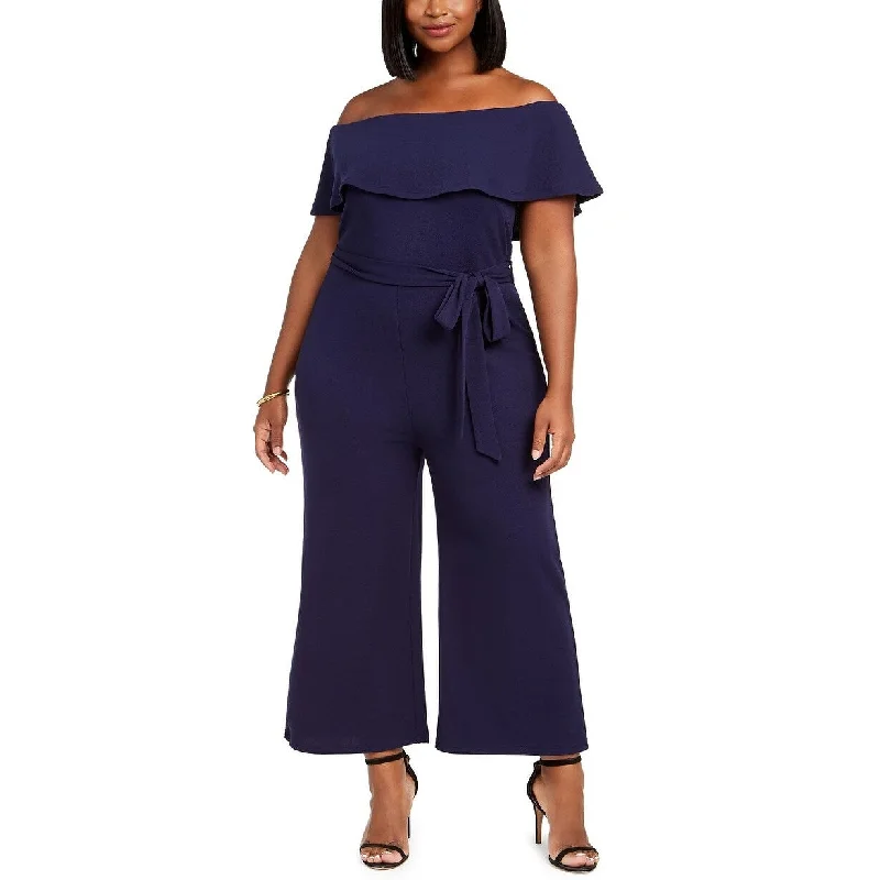 Casual Dresses for Beach Days-Women's Casual Midi Sundresses-Almost Famous Women's Trendy Off-Shoulder Jumpsuit Med Blue Size 3X