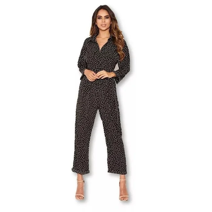 Casual Dresses for Warm Weather Events-Women's Casual Maxi Dresses-AX Paris Women's Polka Dot Belted Jumpsuit Black Size 6