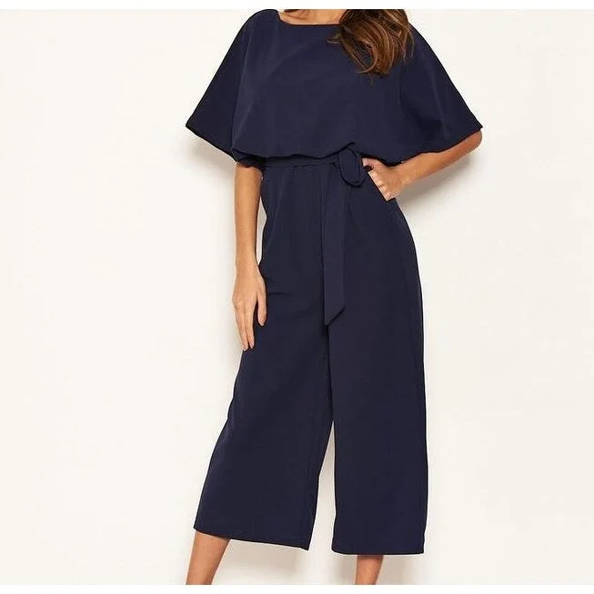 Casual Dresses with Vivid Colors for Fun Look-Women's Casual Summer Dresses-AX Paris Women's Tie Waist Culotte Jumpsuit Navy Size 6