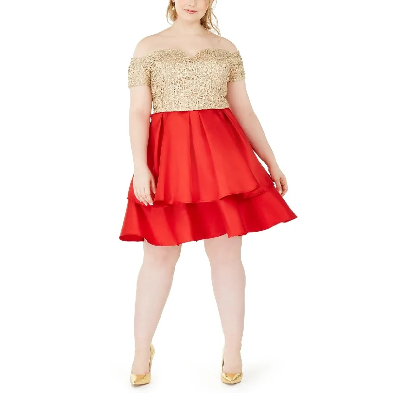 Casual Dresses for Weekend Adventures-Women's Casual Fitted Dresses-B Darlin Women's Trendy Plus Size Off-The-Shoulder Embroidered & Satin Dress Red Size 22W