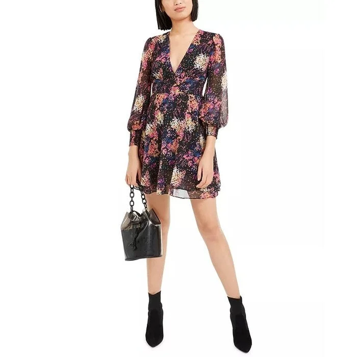 Casual Dresses with Pleated Skirt for Style-Women's Casual Travel Floral Dresses-Bar III Women's Confetti Printed Blouson Sleeve Dress Black Size M - Medium