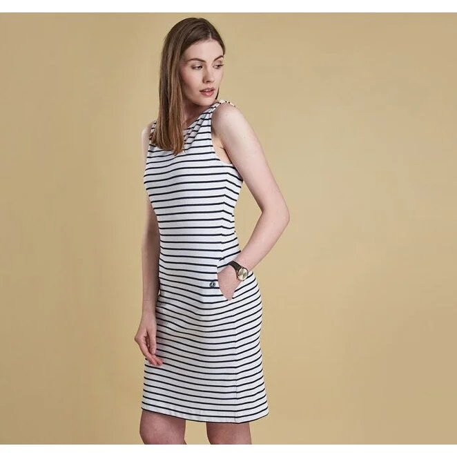 Lightweight Casual Dresses for Summer-Women's Casual Bell Sleeve Dresses-Barbour Women's Dalmore Dress - White/Navy