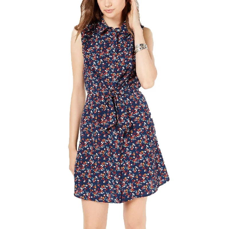 Casual Dresses for a Relaxed Summer Vibe-Women's Casual Shimmer Dresses-Be Bop Junior's Tie-Front Shirtdress Navy Size Medium