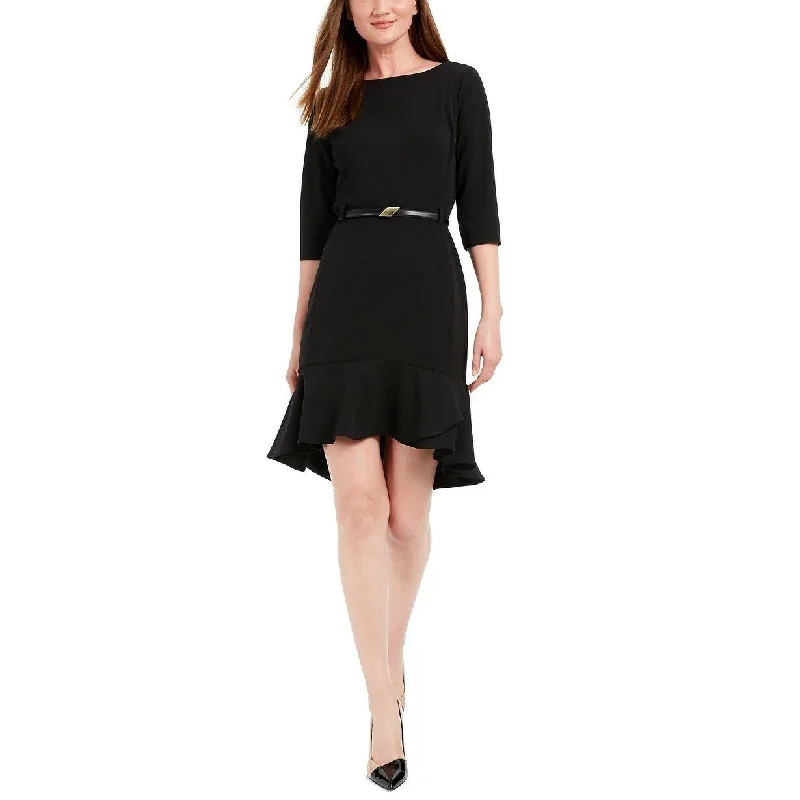 Casual Dresses for Weekend Adventures-Women's Casual Swing Solid Color Dresses-Calvin Klein Women's Belted Flounce Dress Black Size 10