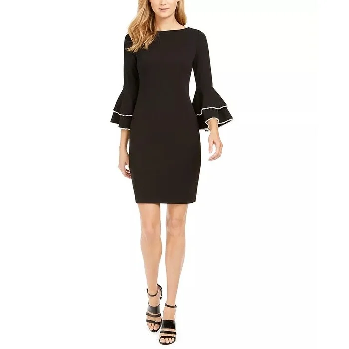 Casual Dresses with Bohemian Vibes for Women-Women's Casual Vintage Dresses-Calvin Klein Women's Embellished Bell Sleeve Sheath Dress Black Size 4