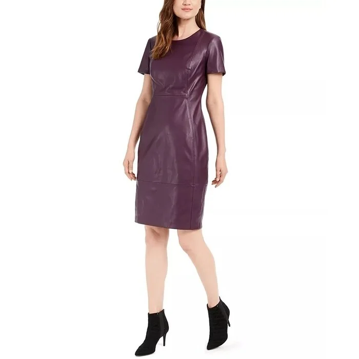 Casual Dresses for the Park-Women's Casual Stretch Dresses-Calvin Klein Women's Faux-Leather Sheath Dress Purple Size 6