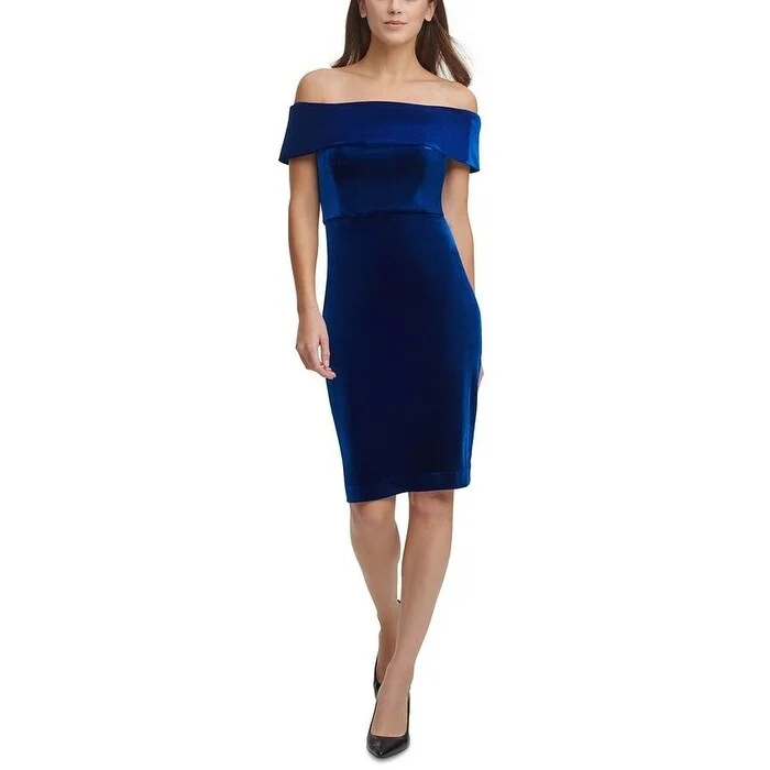 Casual Dresses for Comfortable Weekend Wear-Women's Casual Embroidered Dresses-Calvin Klein Women's Off-The-Shoulder Velvet Dress Blue Size 16