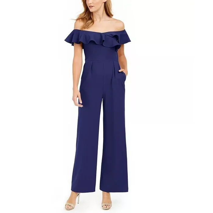 Casual Dresses for School or College-Women's Casual Bishop Sleeve Dresses-Calvin Klein Women's Ruffled Off The Shoulder Jumpsuit Blue Size 6