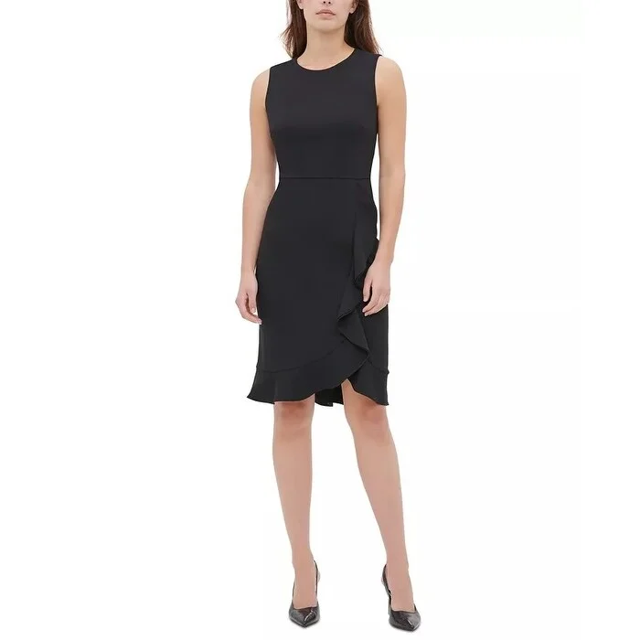 Casual Dresses for Transitional Seasons-Women's Casual Bell Sleeve Dresses-Calvin Klein Women's Ruffled Sheath Dress Black Size 8