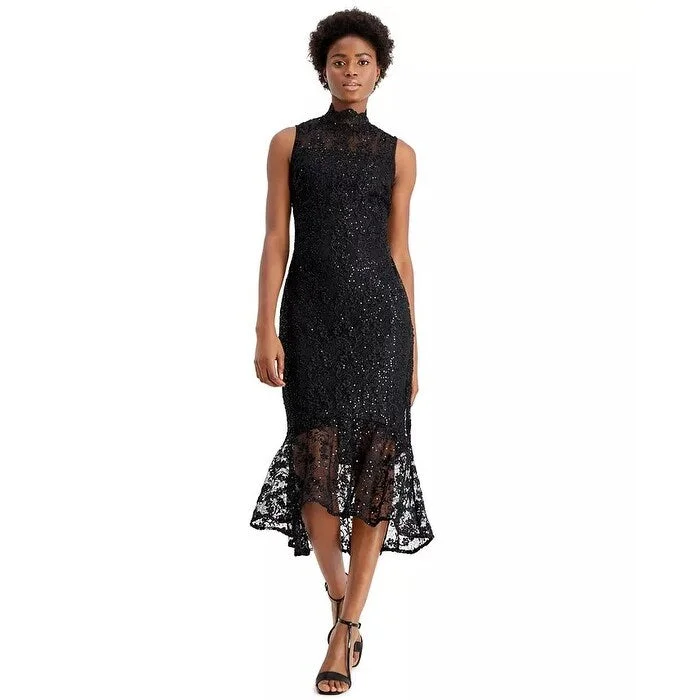 Casual Dresses for the Park-Women's Casual Shift Dresses-Calvin Klein Women's Sequin Lace High-Low Sheath Dress Black Size 12