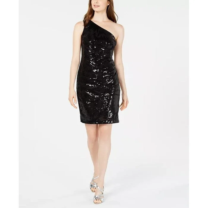 Casual Dresses with Lace Trim for Feminine Look-Women's Casual Tank Solid Color Dresses-Calvin Klein Women's Sequin One Shoulder Dress Black Size 8