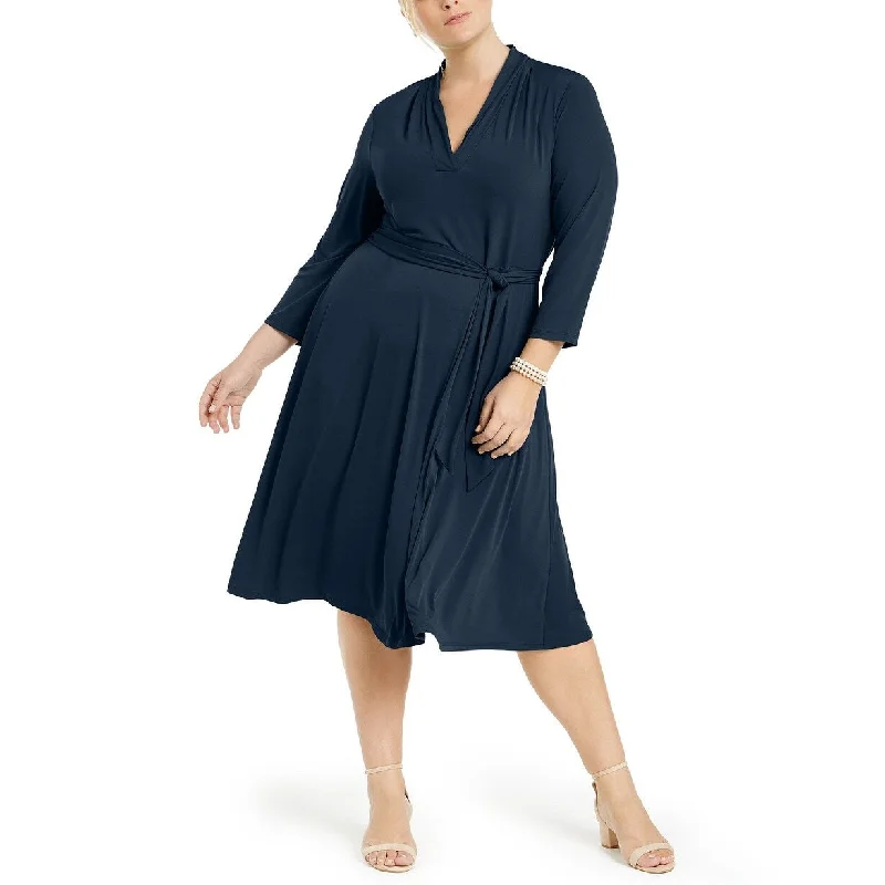 Casual Dresses with Stretch Fabric for Flexibility-Women's Casual Sundresses-Charter Club Women's Plus Size V-Neck Belted Dress Blue Size 2X