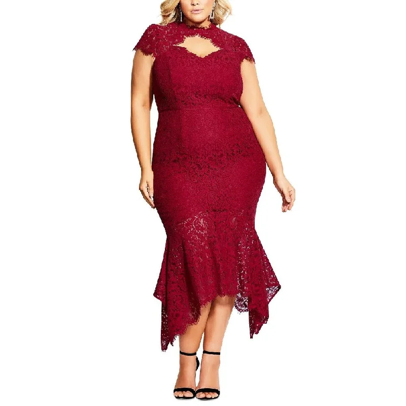 Casual Dresses with Lace-Up Detail-Women's Casual Shift Dresses-City Chic Women's Plus Size Lace Mermaid Dress Wine Size 22W