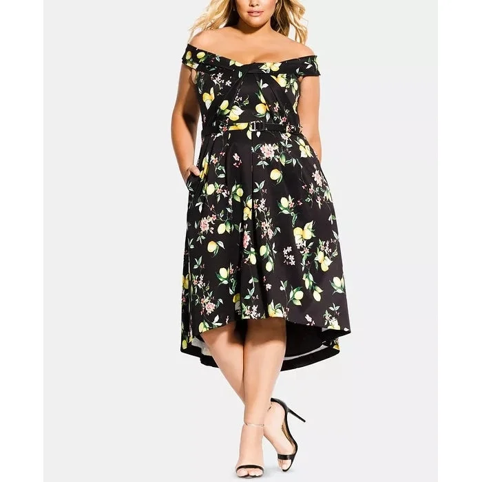 Casual Dresses with Ruffles for Women-Women's Casual Wrap Print Dresses-City Chic Women's Trendy Plus Size Amalfi Floral Off-The-Shoulder Dress Black Size 20W