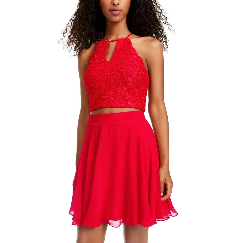 Comfortable Casual Dresses for Vacation-Women's Casual Shirt Solid Color Dresses-City Studios Juniors' 2-Pc. Glitter Lace & Chiffon Dress Red Size 0