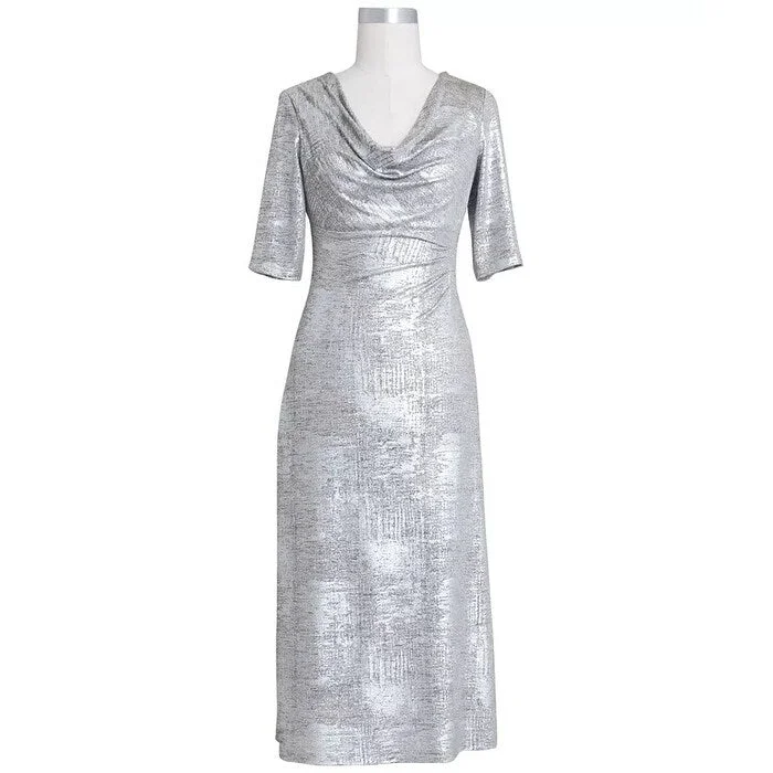 Casual Dresses with Patterns for a Fun Look-Women's Casual Brunch Solid Color Dresses-Connected Women's Drape Neck Metallic Dress Silver Size 4 Petite - 4P