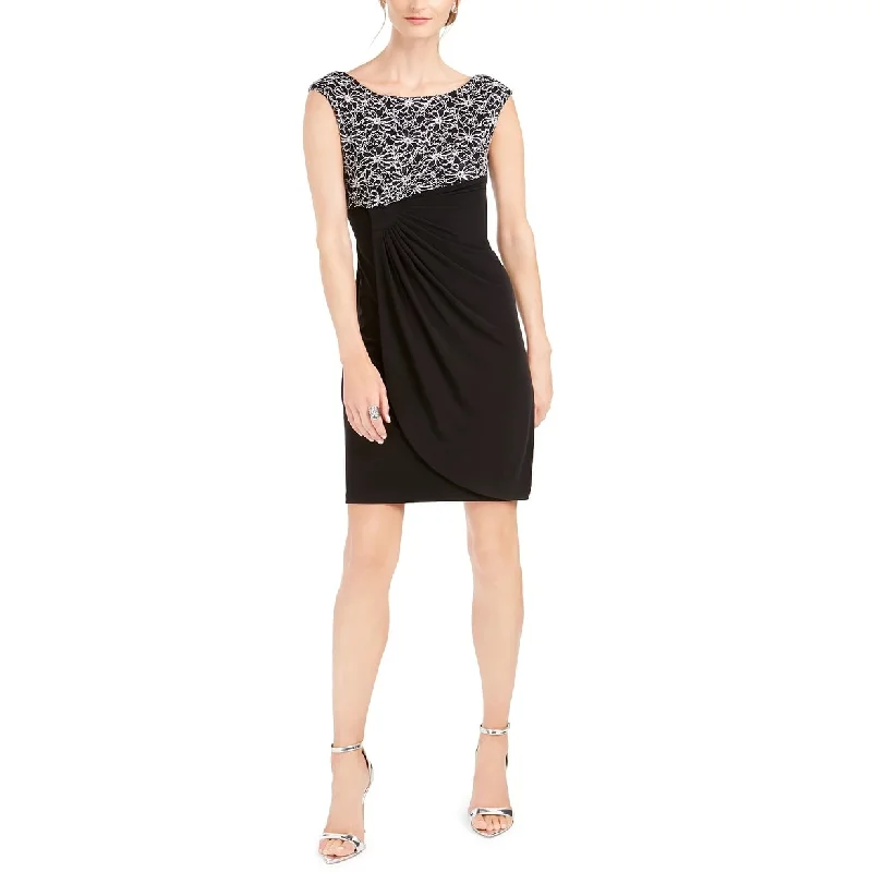 Casual Dresses for Chic Evening Events-Women's Casual Wrap Solid Color Dresses-Connected Women's Glitter Lace Sheath Dress Silver Size 8 Petite - 8 Petite