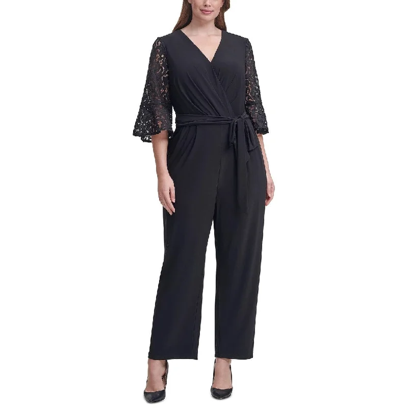 Casual Dresses with Pockets for Convenience-Women's Casual Draped Dresses-Jessica Howard Women's Plus Lace Sleeve Jumpsuit Black Size 2X