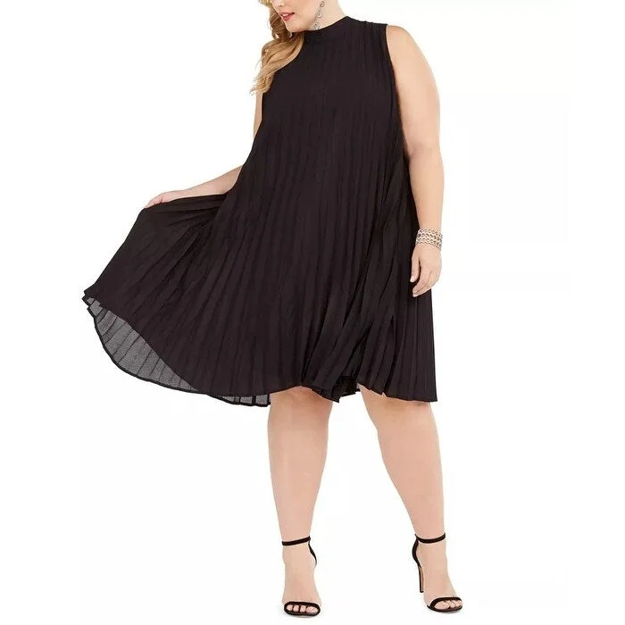 Casual Dresses for Garden or Outdoor Parties-Women's Casual Beach Dresses-Love Squared Women's Trendy Pleated Trapeze Dress Black Size 3X