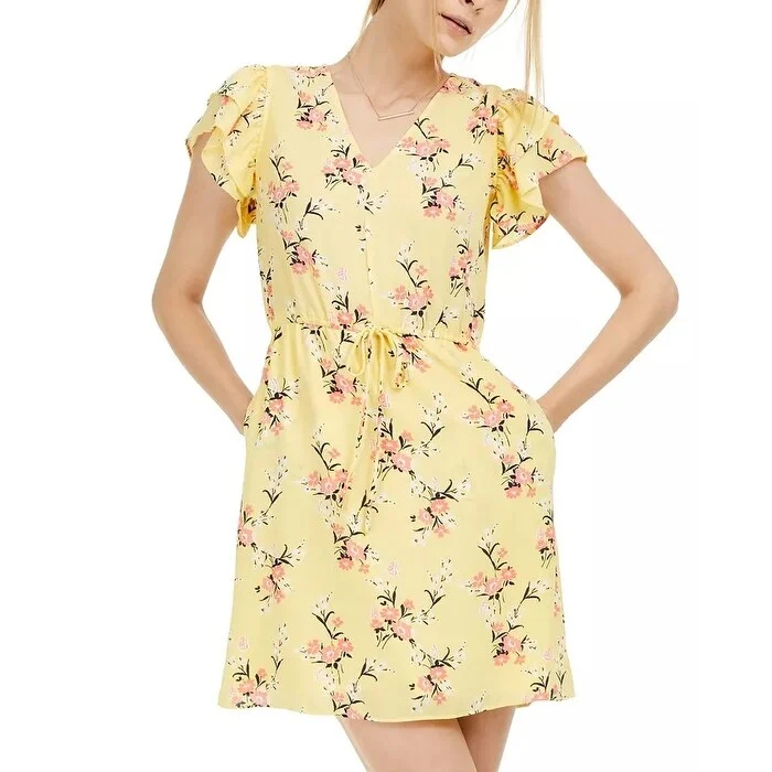 Casual Dresses for Outdoor Coffee Dates-Women's Casual Summer Dresses-Maison Jules Women's Floral-Print Flutter-Sleeve Dress Med Yellow Size Large