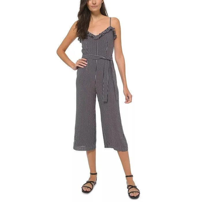 Casual Dresses with Button-Down Front for a Vintage Feel-Women's Casual Elegant Dresses-Michael Kors Women's Striped Ruffled Jumpsuit Silver Size Large