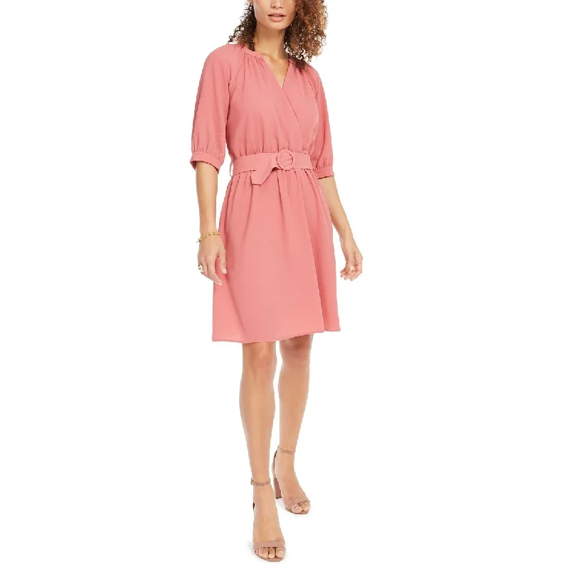 Casual Dresses with Wide Straps for Comfort-Women's Casual Ruched Dresses-Monteau Women's Petite Belted Faux-Wrap Dress Med Pink Size Medium - Petite-Medium