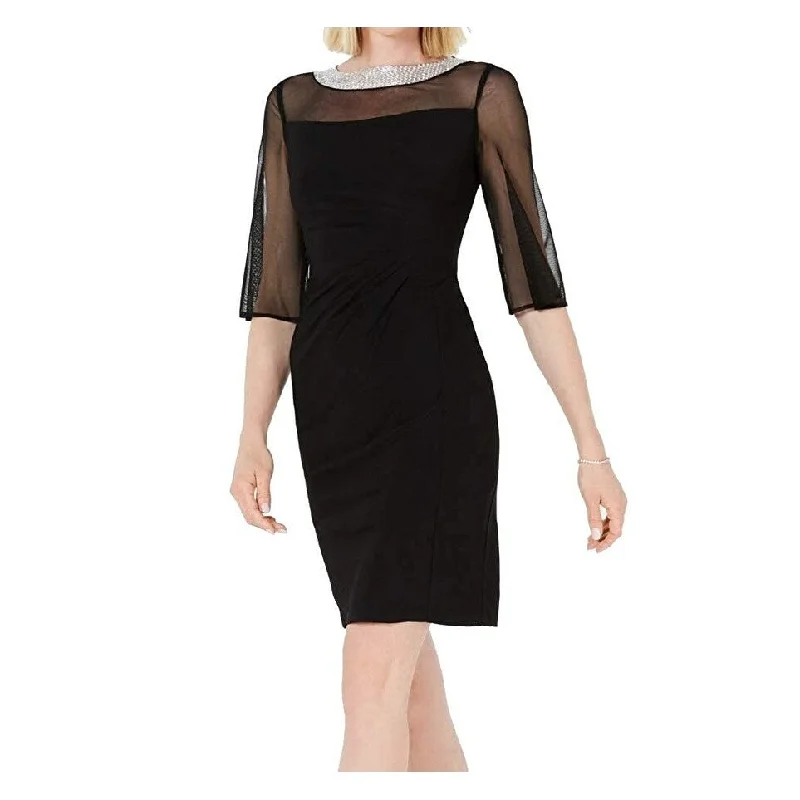 Casual Dresses for Backyard Parties-Women's Casual Brunch Dresses-R & M Richards Women's Embellished Illusion Sheath Dress Black Size 6