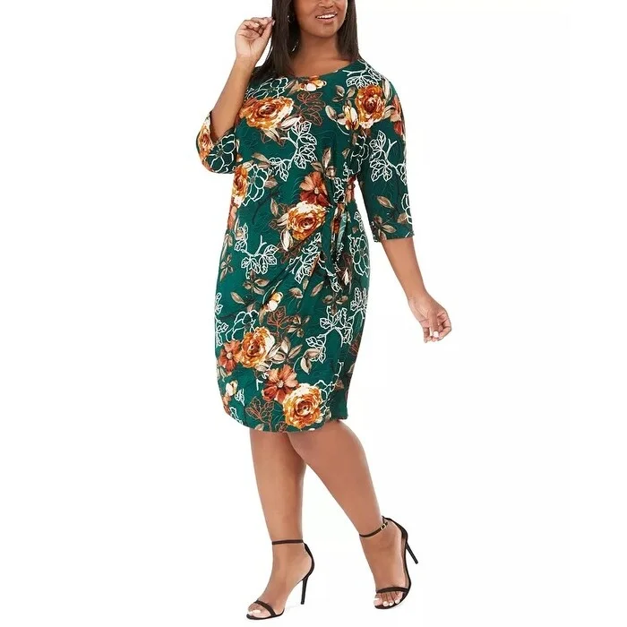 Casual Dresses for Dinner and Drinks-Women's Casual Concert Solid Color Dresses-Robbie Bee Women's Plus Size Floral-Print Sarong Dress Green Size 1X