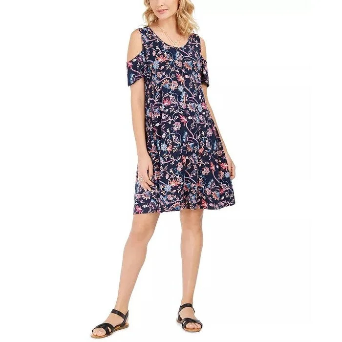 Casual Dresses for Day-to-Day Comfort-Women's Casual One Shoulder Dresses-Style & Co Women's Printed Cold Shoulder Swing Dress Navy Size Medium