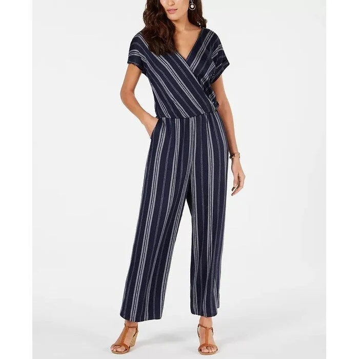 Casual Dresses for Date Night-Women's Casual Wrap Floral Dresses-Style & Co Women's Striped V Neck Jumpsuit Navy Size Small