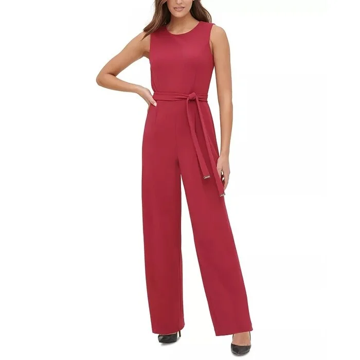 Casual Dresses with Tulle for Special Occasions-Women's Casual Family Gathering Dresses-Tommy Hilfiger Women's Crepe Belted Jumpsuit Dark Red Size 6