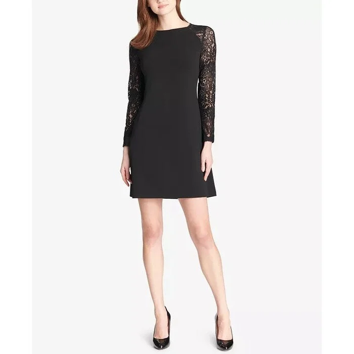 Casual Dresses with Lace Trim for Feminine Look-Women's Casual Weekend Dresses-Tommy Hilfiger Women's Lace Sleeve A Line Dress Black Size 14