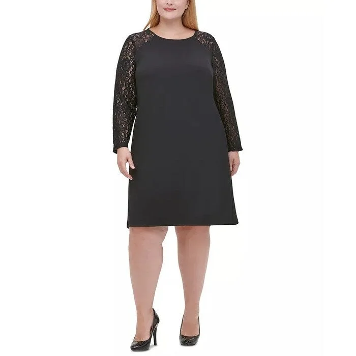 Casual Dresses with Spaghetti Straps-Women's Casual Solid Color Dresses-Tommy Hilfiger Women's Plus Size Lace-Sleeve A-Line Dress Black Size Petite Small - Petite Small