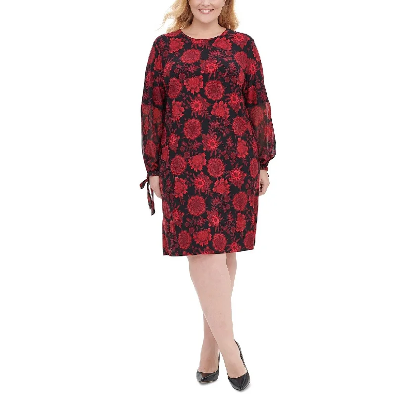 Casual Dresses for Layering Over Tights-Women's Casual Midi Floral Dresses-Tommy Hilfiger Women's Plus Size Printed Chiffon-Sleeve Shift Dress Black Size 20W