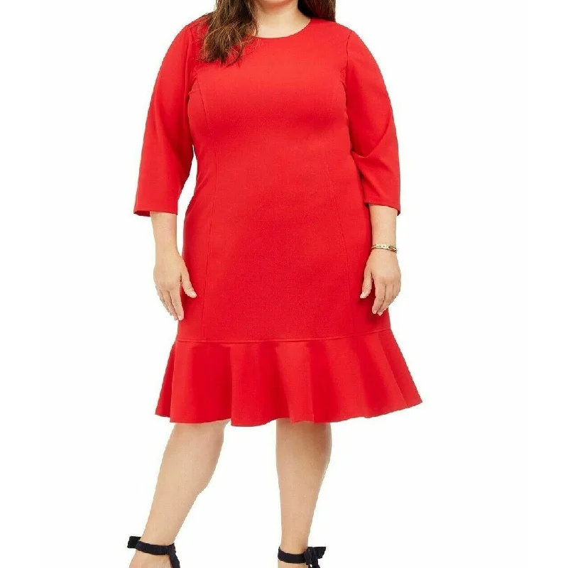 Relaxed Casual Dresses for Every Day-Women's Casual Mini Solid Color Dresses-Tommy Hilfiger Women's Plus Size Ruffled-Hem A-Line Dress Red Size 16W