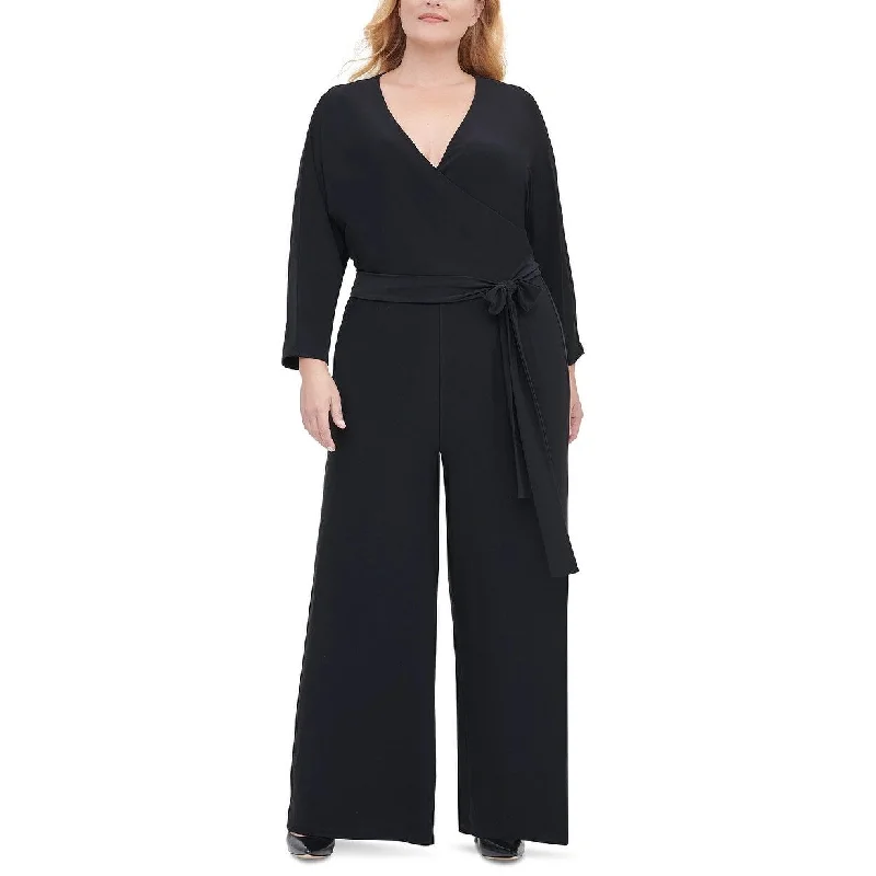 Casual Dresses for Weekend Outings and Dates-Women's Casual Shirt Print Dresses-Tommy Hilfiger Women's Plus Size Surplice Wide-Leg Jumpsuit Black Size 20W