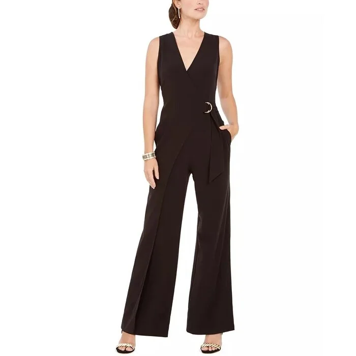 Casual Dresses for Comfortable Fashion-Women's Casual Lounge Print Dresses-Vince Camuto Women's D Ring Belted Wrap Jumpsuit Black Size 14