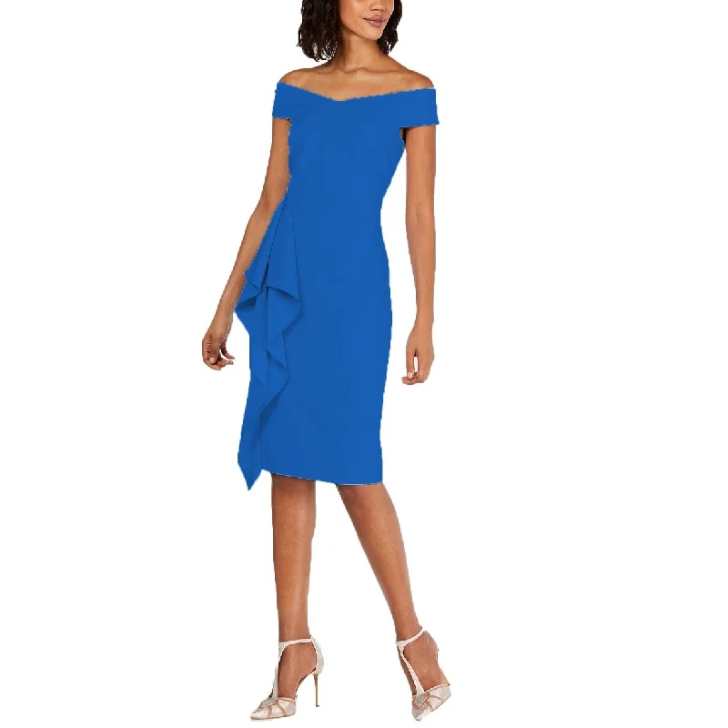 Casual Dresses for Beachfront Parties-Women's Casual Button-Down Dresses-Vince Camuto Women's Off-The-Shoulder Side-Ruffle Sheath Dress Blue Size 4"