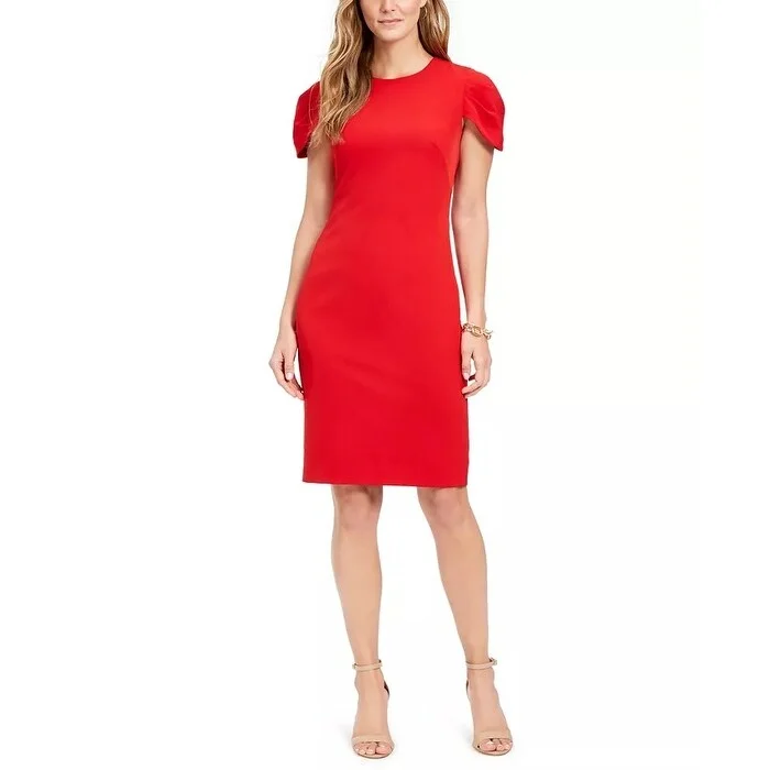 Casual Dresses with Colorblock for Trendy Look-Women's Casual Weekend Print Dresses-Vince Camuto Women's Pleat Cap Sleeve Crepe Sheath Dress Red Size 14