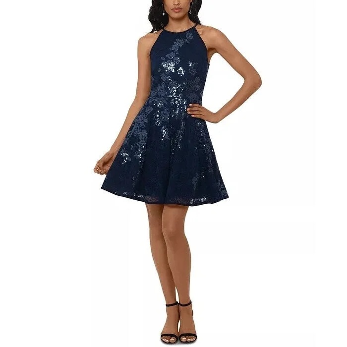 Casual Dresses for Hot Summer Days-Women's Casual Henley Dresses-XSCAPE Women's Floral Sequin Lace Skater Dress Blue Size 10