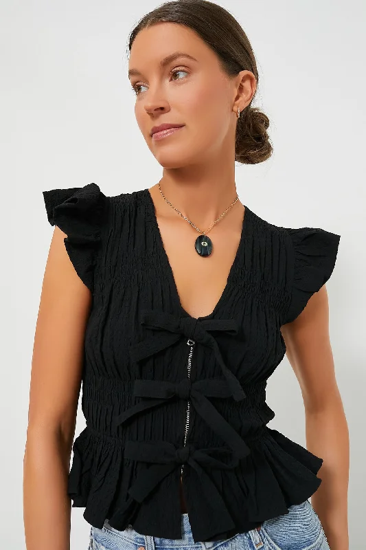 Blouses & Shirts for cooler days-Black Regina Seersucker Flutter Sleeve Top