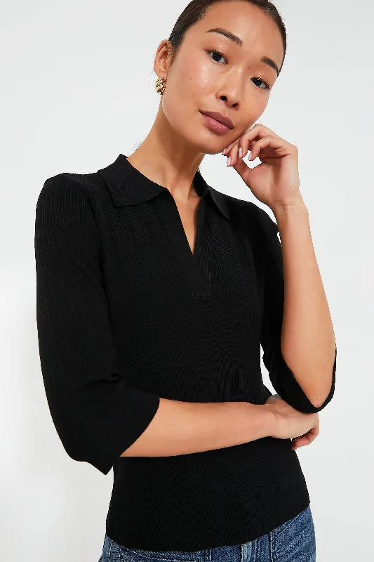 Casual Blouses & Shirts for beach days-Black Ribbed Knit Viola Polo