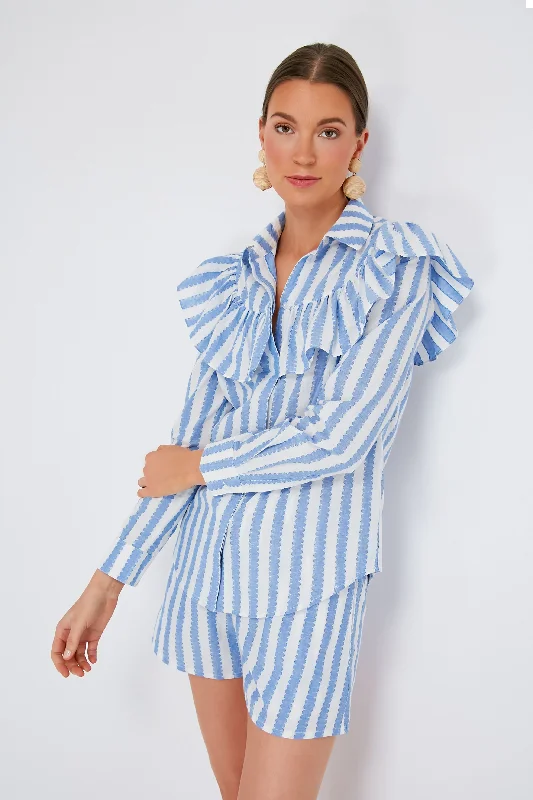 Casual Blouses & Shirts with stripes-Blue and Cream Scallop Stripe Charlotte Shirt