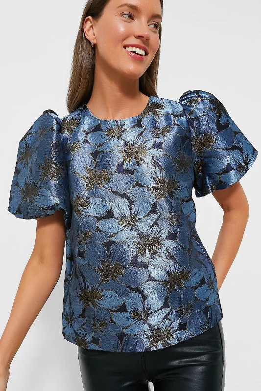 Blouses & Shirts for casual weekend wear-Blue Blossom Jacquard Lyla Blouse