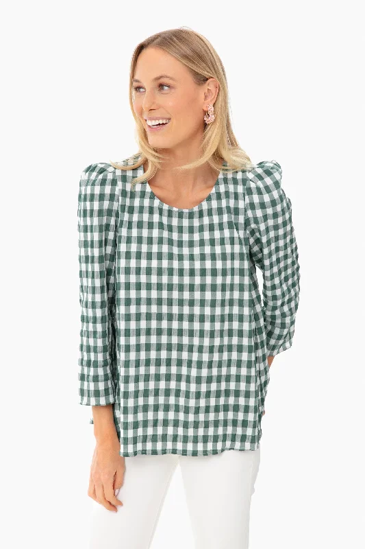 Soft pastel Blouses & Shirts for spring-Dark Green Gingham Bedford Blouse