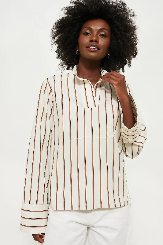 Blouses & Shirts with pleats for extra volume-Ecru and Camel Paavo Stripes Top